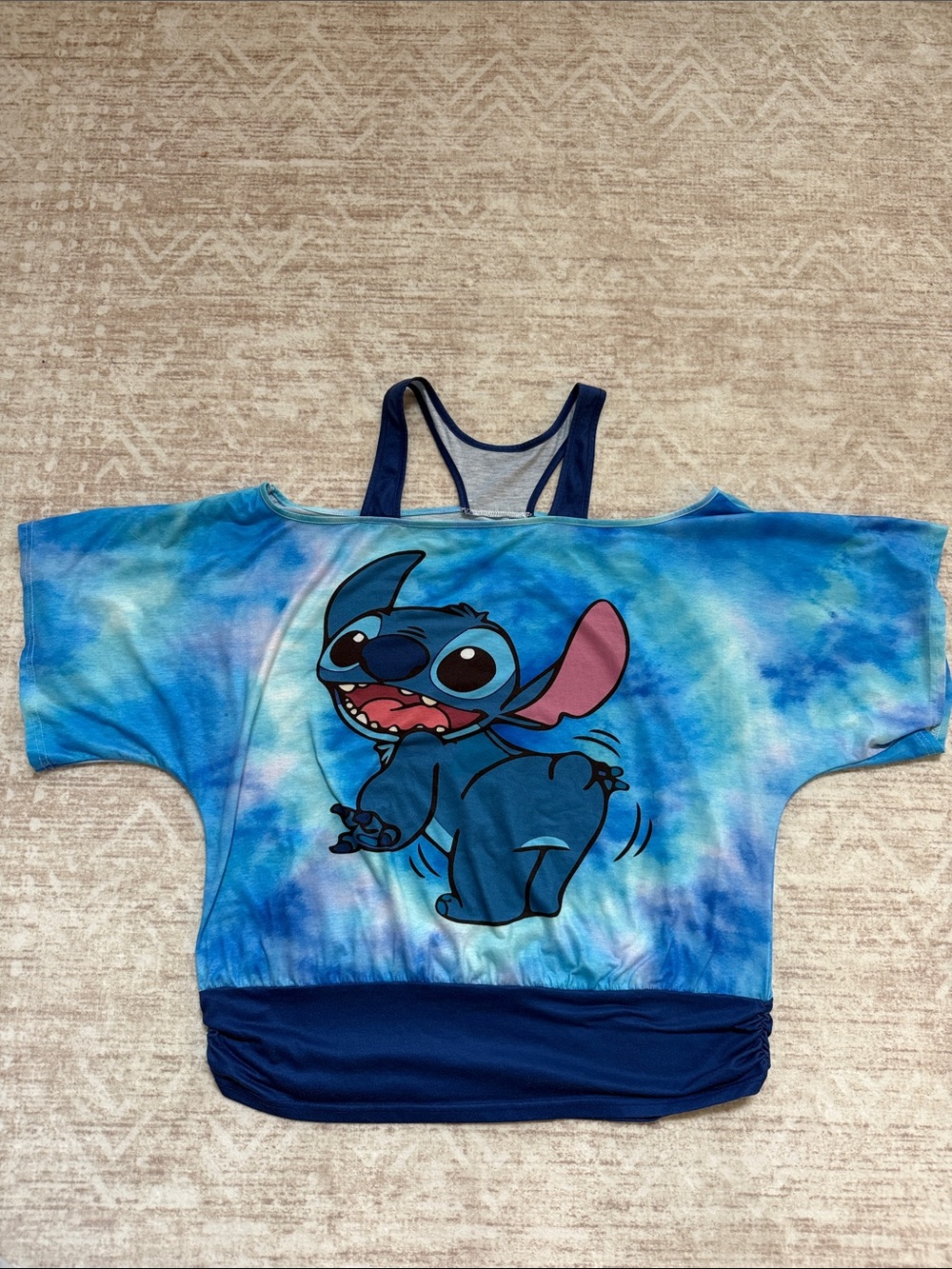 Disney Lilo & Stitch Cold Shoulder Batwing Tunic Top Blue Tie-Dye Women’s